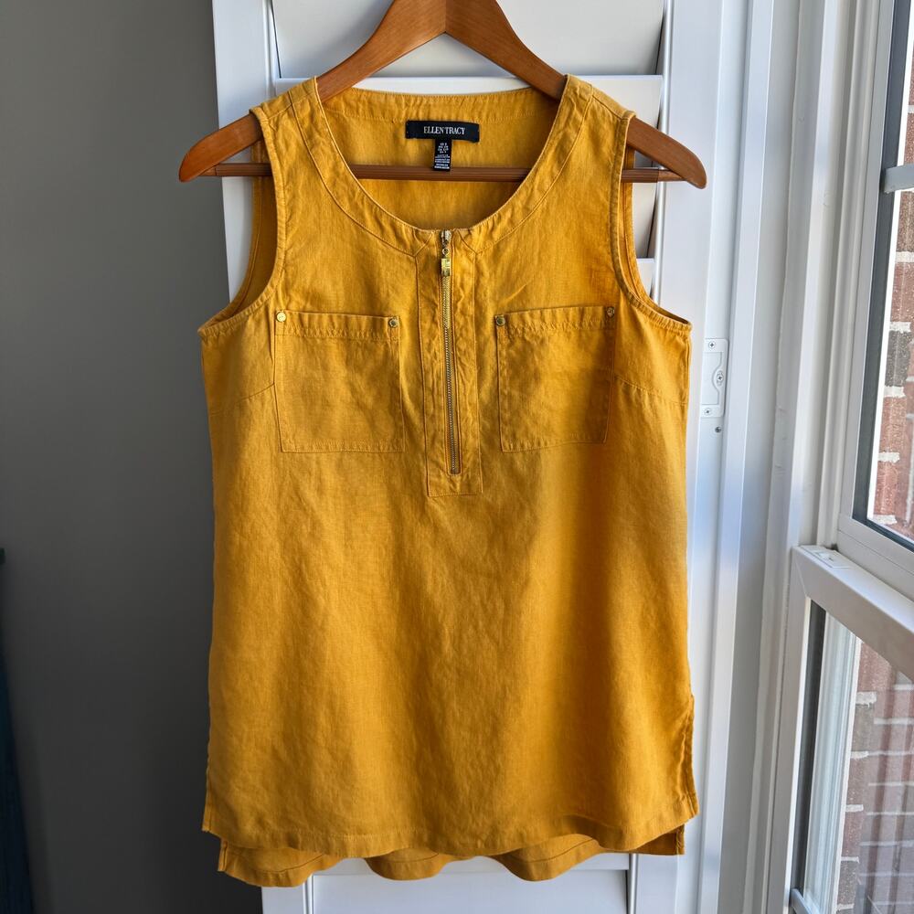 ELLEN TRACY Mustard Yellow Linen Tunic Top Sleeveless Quarter Zip Utility Small